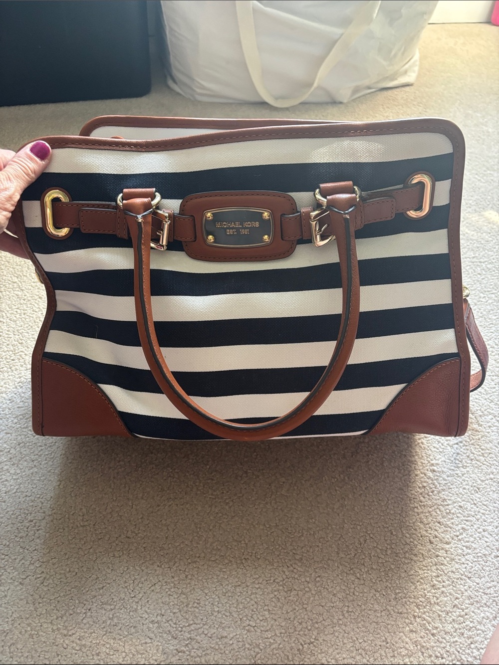 Michael Kors Navy & White Striped Tote with Brown Trim and Gold Hardware